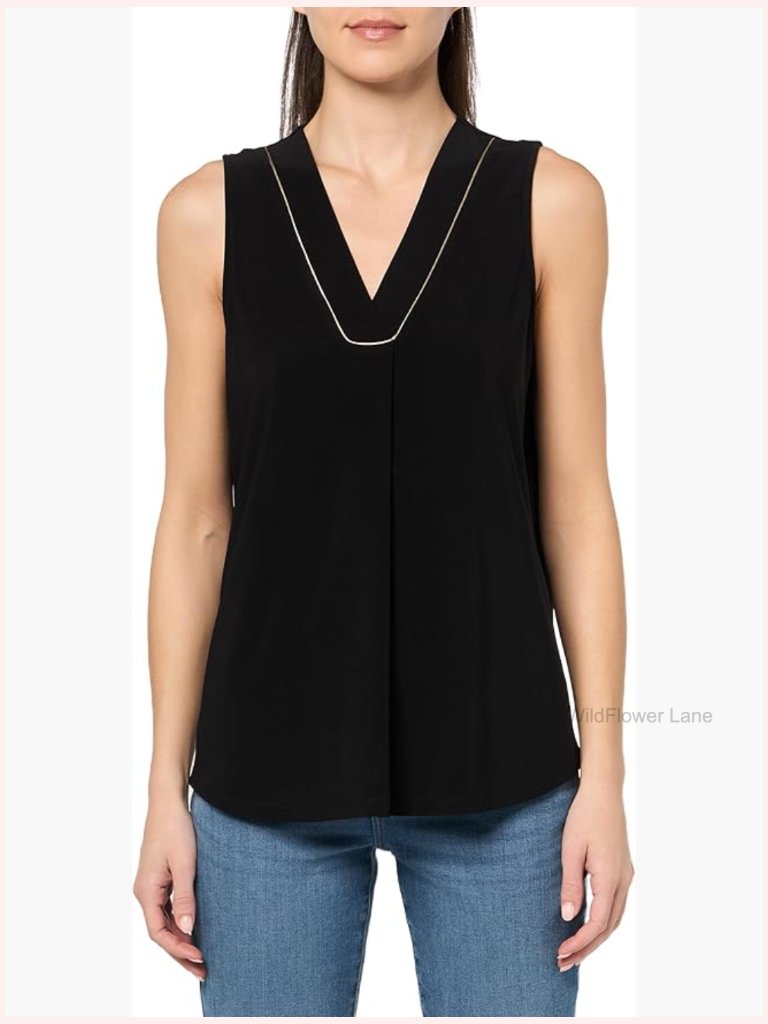 Pleat Front Shell W Chain Trim Ity V-Neck Sleeveless Top